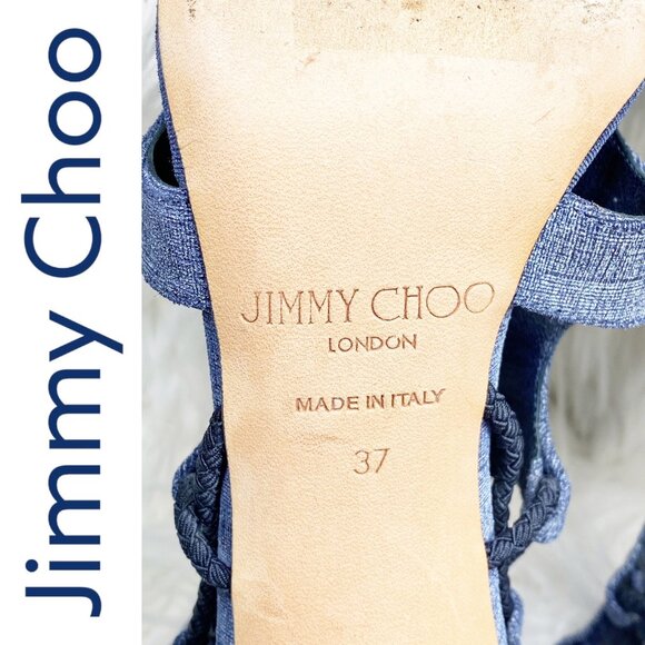 JIMMY CHOO BLUE DENIM LUCKY PEEP TOE HEELS CUT OUT DETAIL, EU 37 - Picture 6 of 12